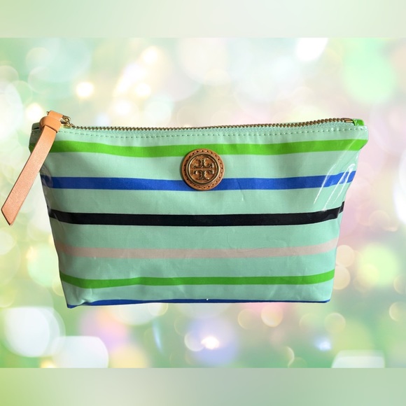 TORY BURCH NEW MAKEUP COSMETIC BAG MINT STRIPE ZIP TOP CHRISTMAS Gift 🎁 - Picture 5 of 8
